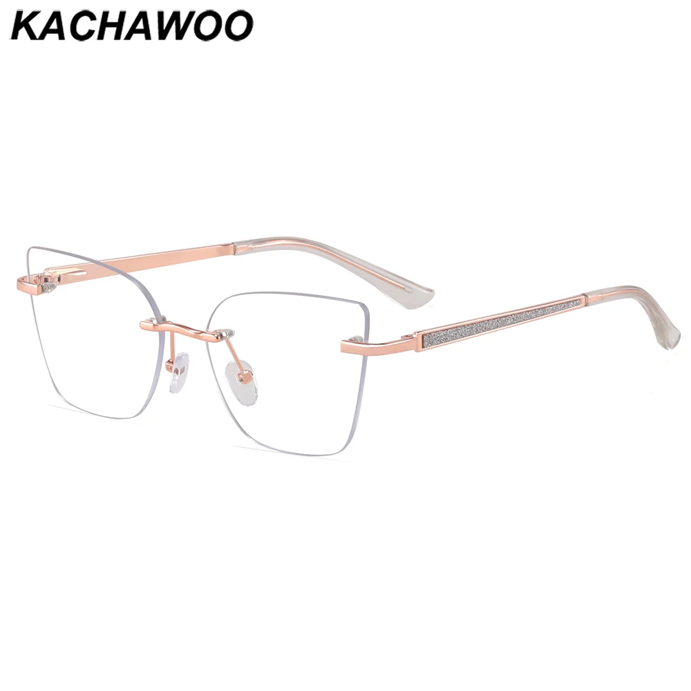 Kachawoo square rimless glasses fashion female cat eye glasses frame metal women trend decoration birthday gifts rose gold pink