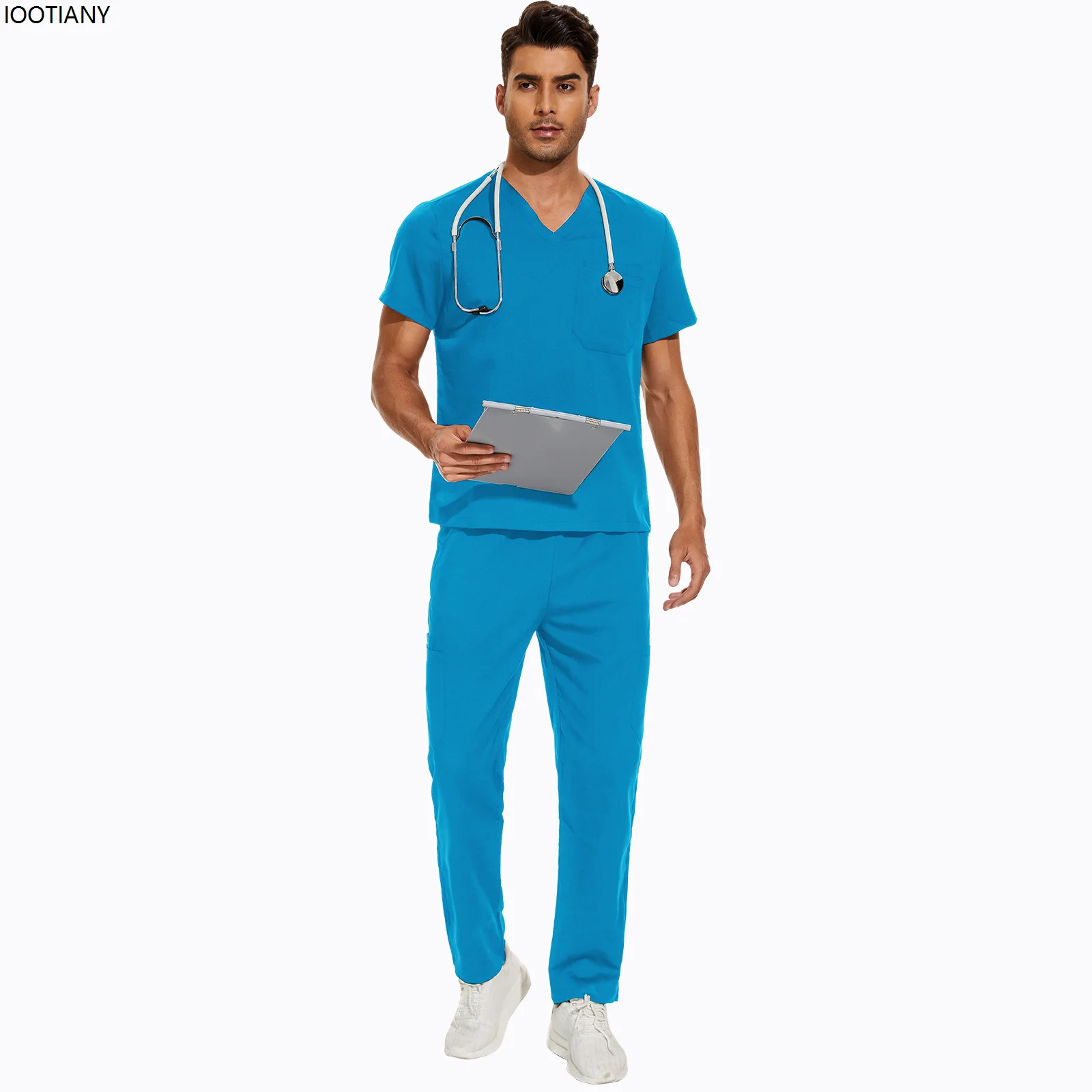 Men Solid Color Doctor Surgery Clothing Medical Uniform V-neck Clinic Hospital Work Clothes Pharmacy Nurse Set Beauty Salon Suit