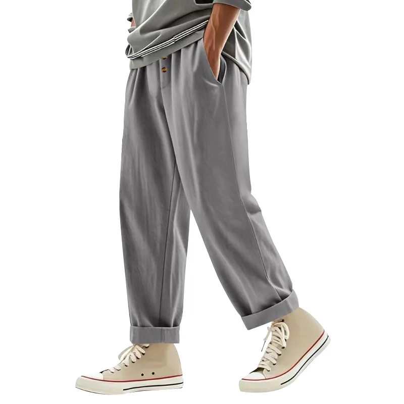 Herren Boho Leinenmischung Weite Hose mit Hoher Taille, Kordelzug, Knopfleiste, Lockerer Passform und Seitentaschen – Detail 3