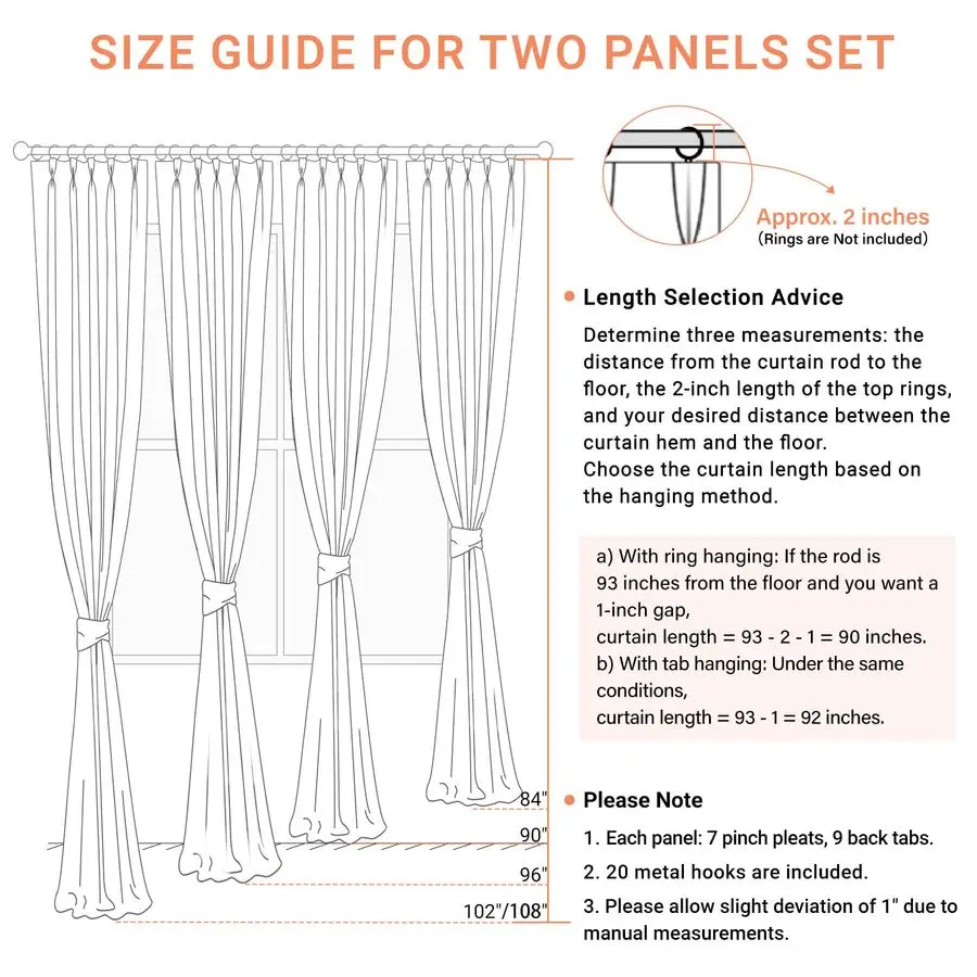 폴리에스터 핀치 플리츠 커튼 암막, 후크가 있는 플리츠 드레이프 96인치 길이 2패널 세트, 폴리에스터 암막 커튼