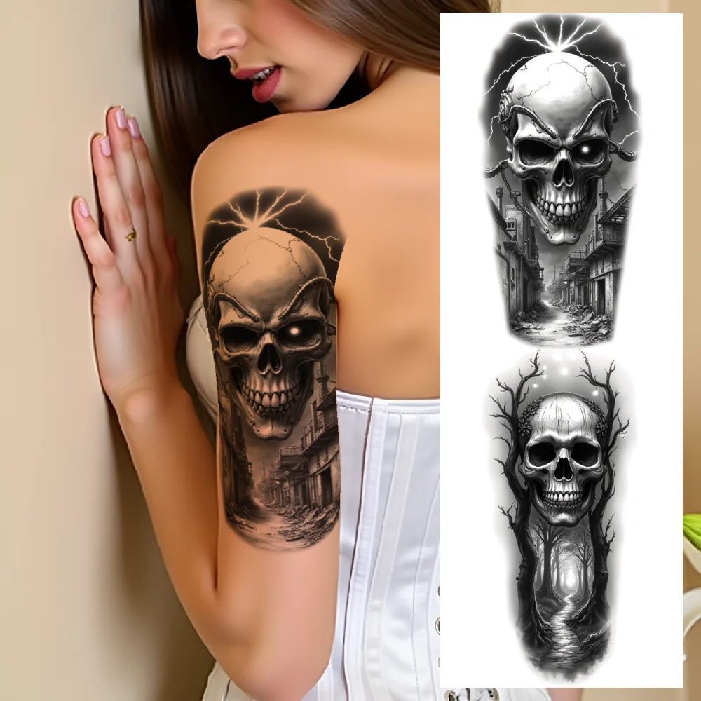 

3pcs Temporary Tattoo Black And Grey Realism Skull With Woods Skull With Trees Skull With Electricity For Adults Men Arms