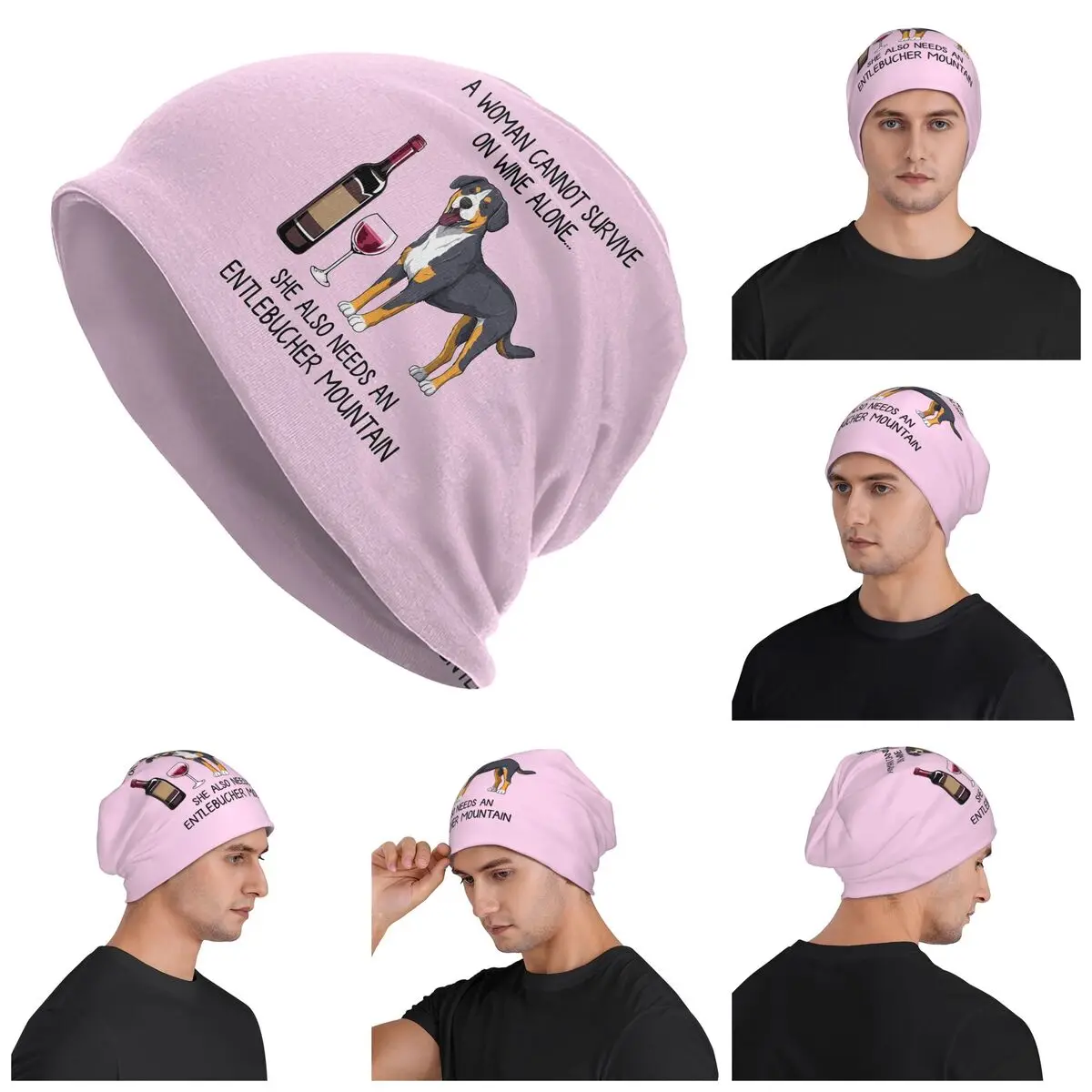 

Entlebucher Mountain Dog And Wine Funny Gift For Dog Mom Warm Knitted Cap Fashion Bonnet Hat Autumn Beanies Hats for Men Women
