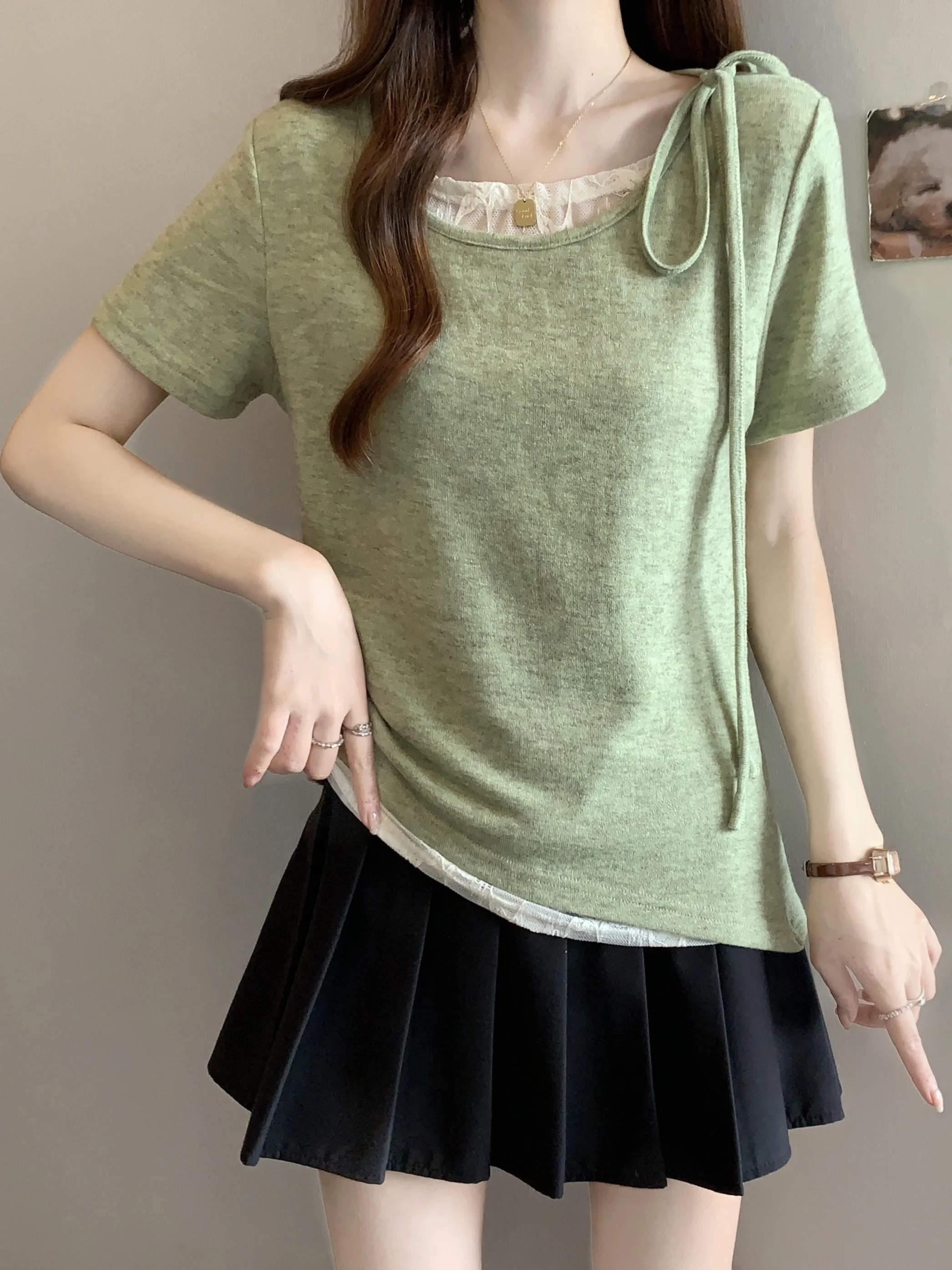 

plus Size Women's Sweet Style Lace Short Sleeve T-Shirt High Waist Asymmetrical Top Korean Version Slim Fit Summer New Arrival