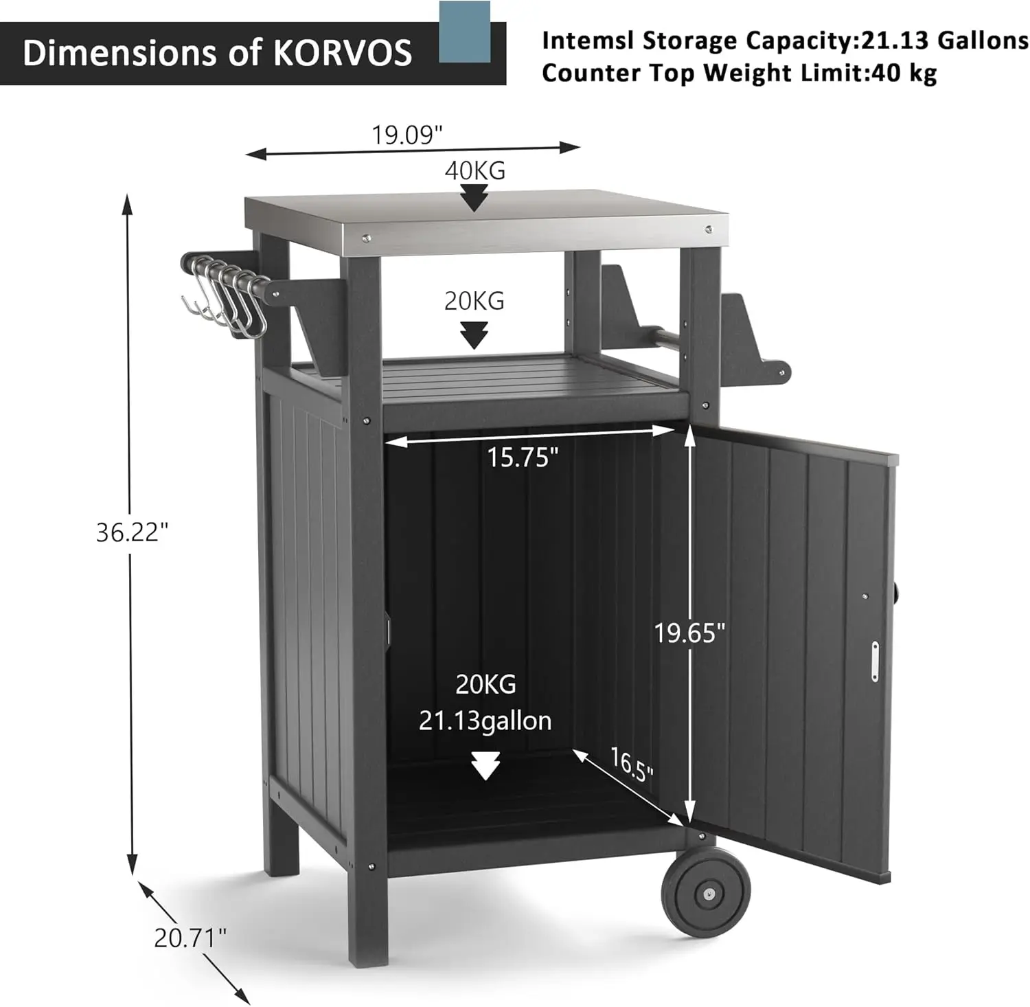 Movable Portable Outdoor Table, Stainless Steel Patio Kitchen Island, Storage Cabinet with Wheels