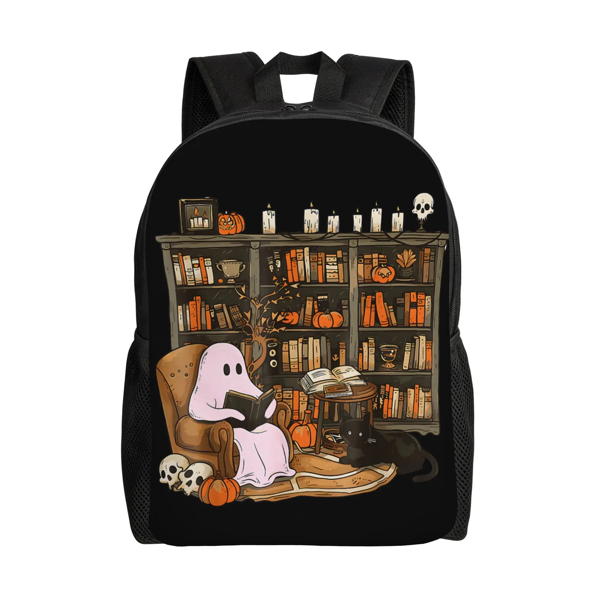 Vintage Ghost Book Reading Backpack Sports High School Work Pumpkin Gothic Halloween Daypack for Men Women Laptop Shoulder Bag