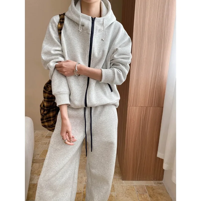 

Light Gray Zip Up Hoodie And Wide Leg Sweatpants Set Casual Two Piece With Contrast Waistband For Women Sporty Outfit BMM2
