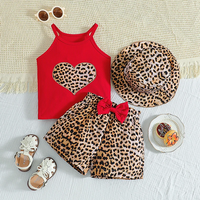 Red Heart Leopard Print Girls Vest and Bow Shorts Set with Hat Suitable for Summer Vacation