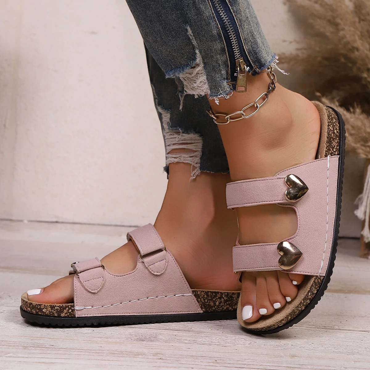 36-42 Size Summer New Fashion Double Buckle External Wear Versatile Simple Metal Love Buckle Women's Slippers