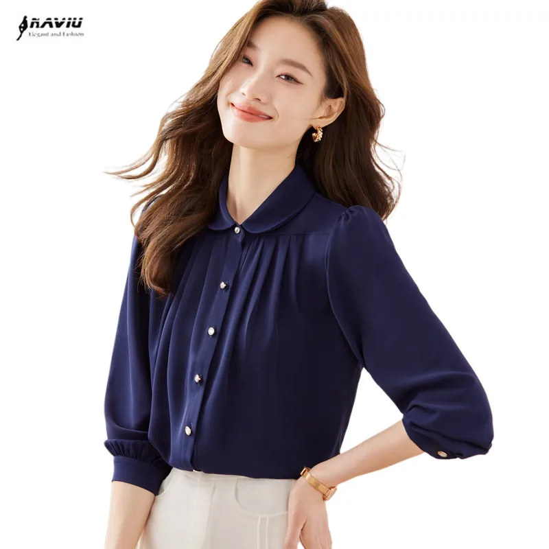 NAVIU Navy Blue Shirt Women New Autumn Elegant Tempeament Professional Peter Pan Collar Blouses Office Lady Work Tops White