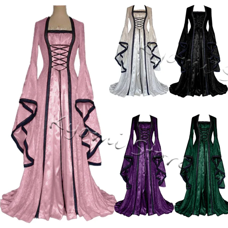 Vintage Medieval Bandage Palace Women Evening Party Gown Fancy Renaissance Pleuche Dress Retro Velvet Tailed Dress Party Costume