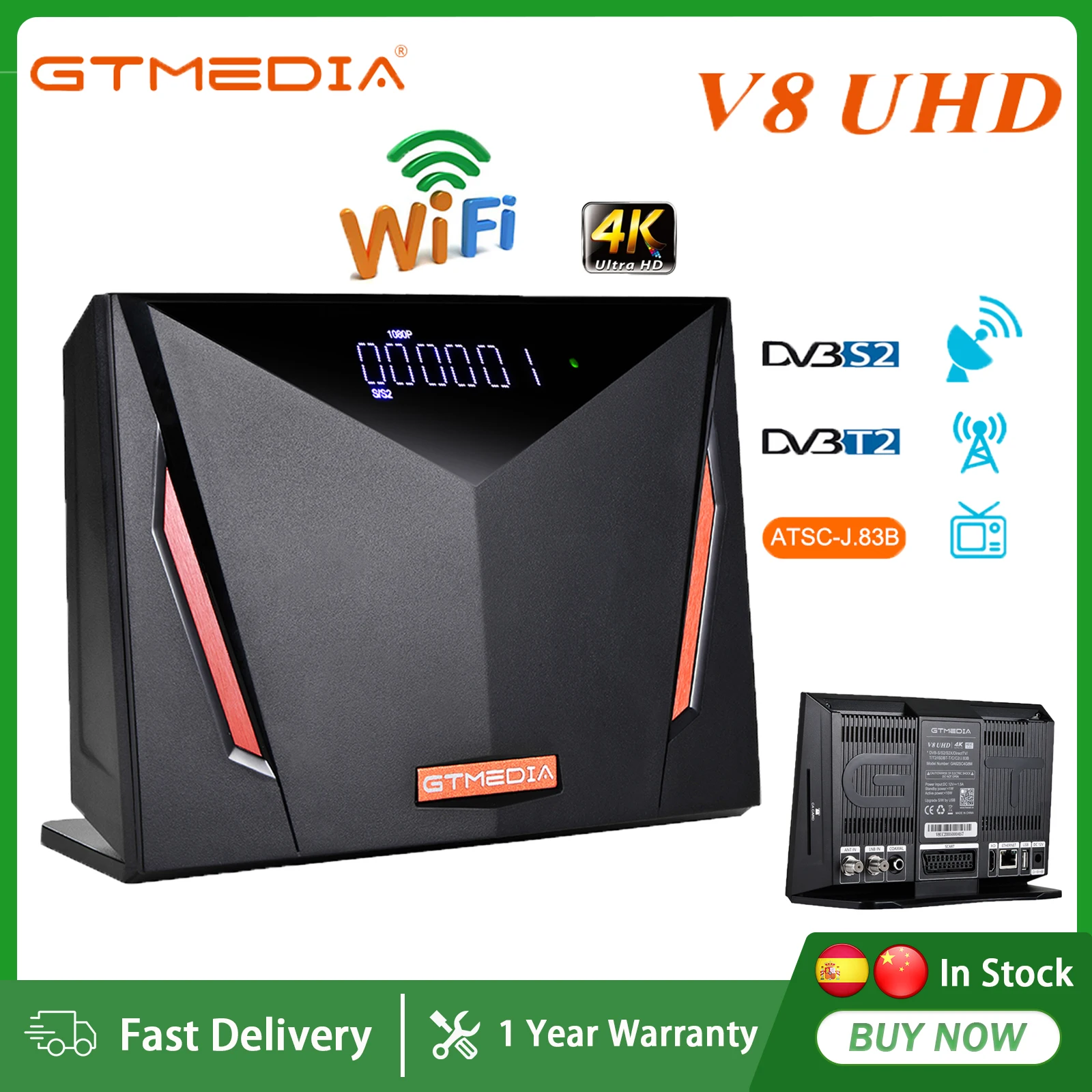 

GTMEDIA V8UHD FHD Satellite ReceiverFTA H.265 DVB-S/S2/S2X,DVB+T/T2/ISDB-T 4K UHD Biult-in 2.4G WIFI 4GB RAM Full PowerVu TV Box