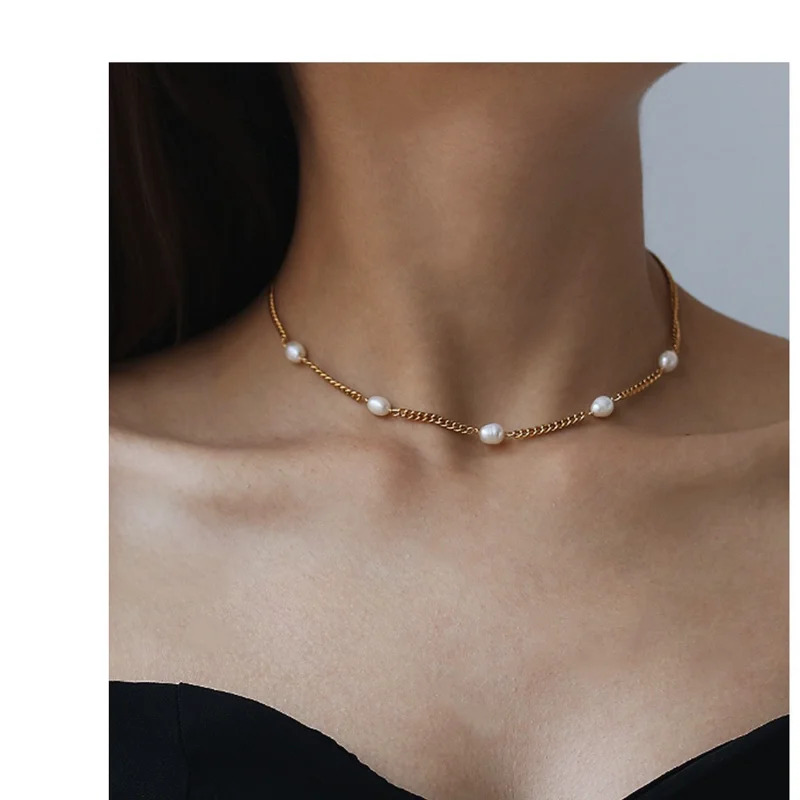 

Brass With 18K Real Natural Pearl Beads Necklaces Women Jewelry Punk Hiphop Designer Runway Rare Boho Top Japan Korean