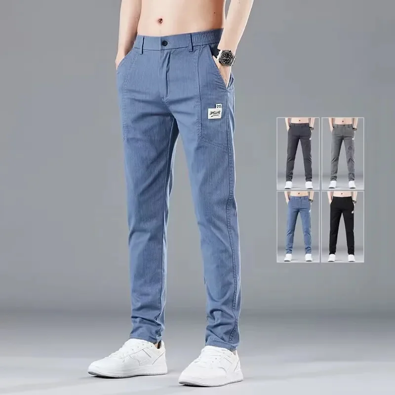 

Summer Spring Elastic Waist Design Men's Thin Casual Pants Korean Fashion Cotton Stretch Business Trousers Male Grey Blue