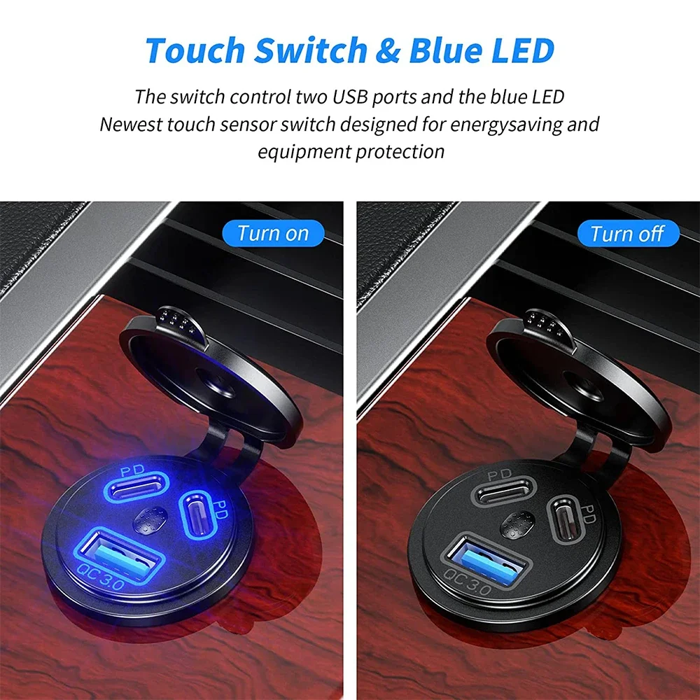 3 Ports Quick Charge Dual PD & QC 3.0 112W Aperture Car Charger Outlet Socket For 12V 24V Motorcycle Boat Marine Truck ATV view 5
