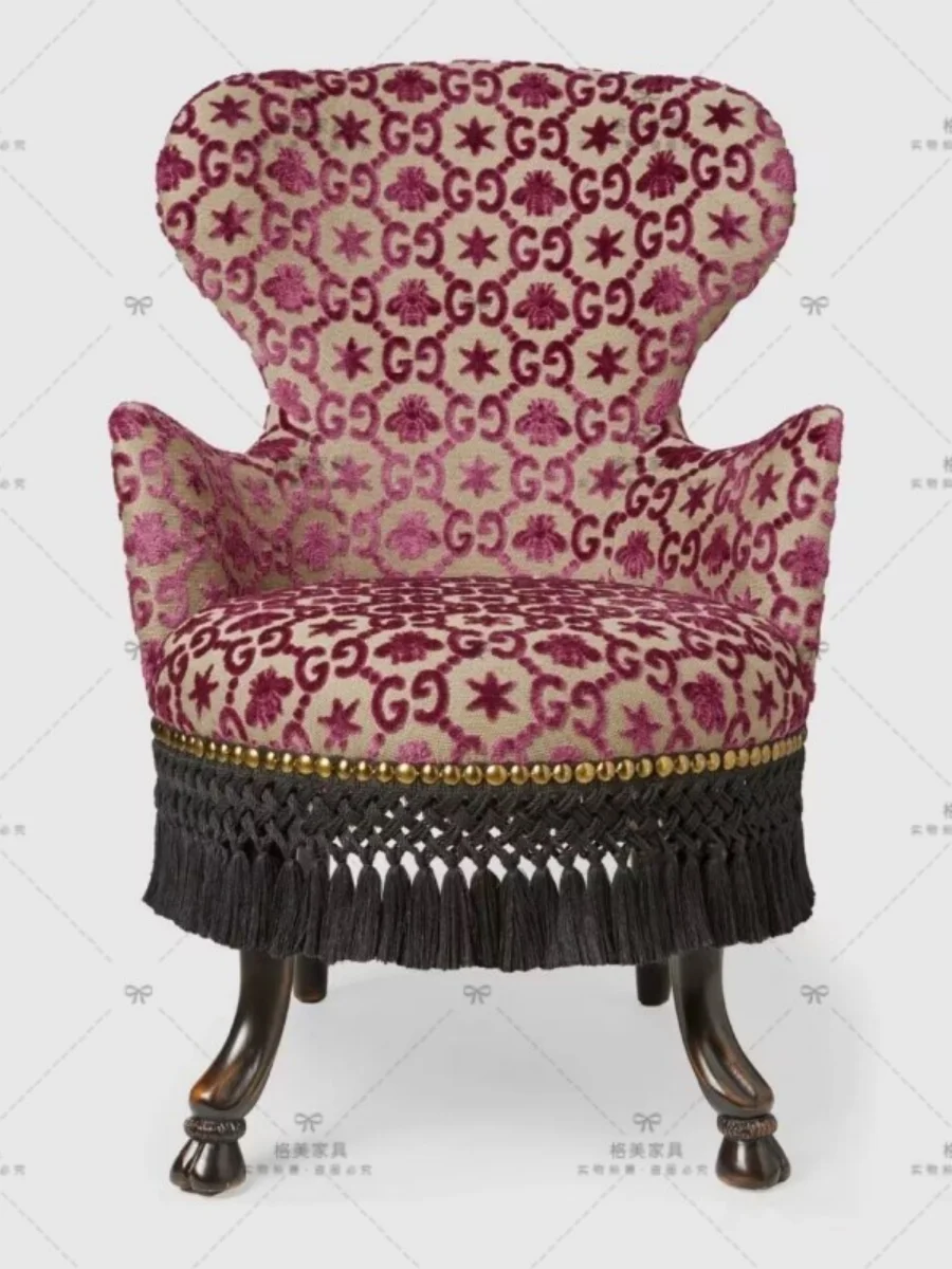 French carved high-end armchair, pre-loved GUCCI with jacquard solid wood black single armchair, neoclassical