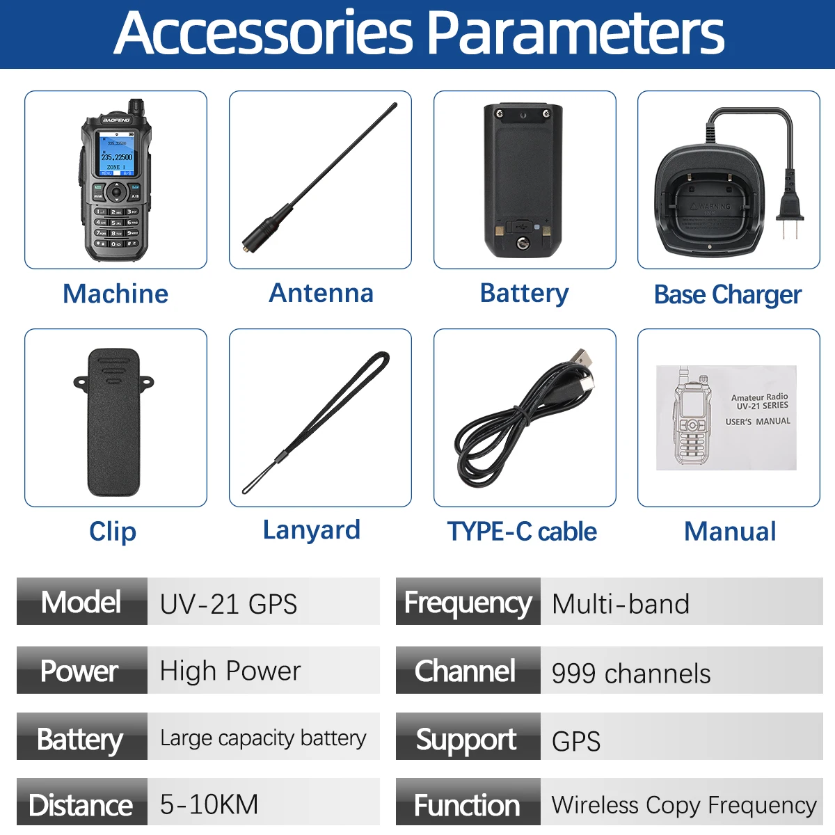 Baofeng-UV-21 GPS Walkie Talkie, Air Band, Frequência de cópia sem fio, 999CH Long Range, NOAA, High Power Ham, Rádio bidirecional para Camping