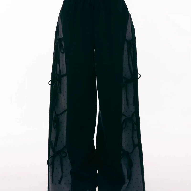 2026 Spring New Sweet Cool Black Women's Trousers Retro Design Cute Bow Polka Dot Splicing Y2k Loose Casual Long Pants Ladies