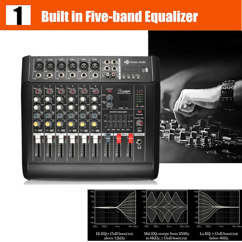 GAX-602D Power Mixer USB 6 Channel Amplifier Dj Audio Mixer Support USB Memory Card for Performance Family