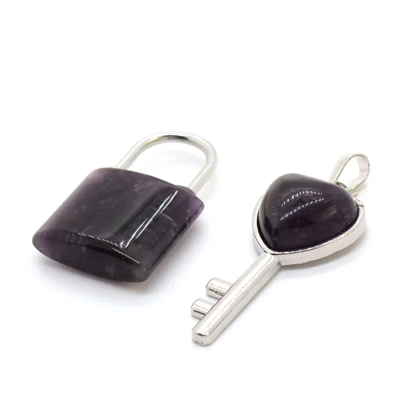 Natural Crystal Couple Lock Necklace Pendant Set Heart Shape Key Piece Pose Quartz Aventurine Tiger Eye Stone Lock Lover Jewelry