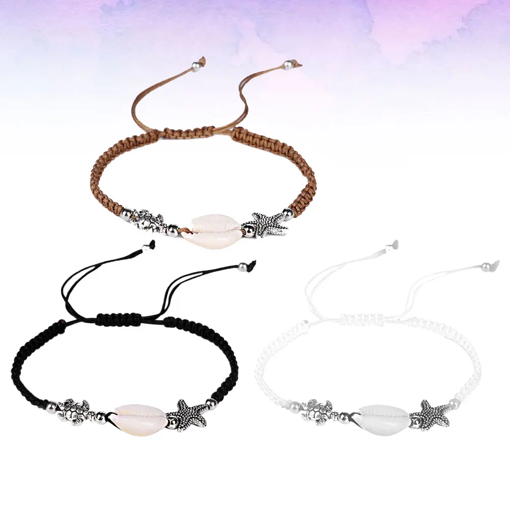 

3pcs Shell Weaving Bracelet For Women Handmade Adjustable Wrist Rope Chain Jewelry Gift Black Beige Coffee Color