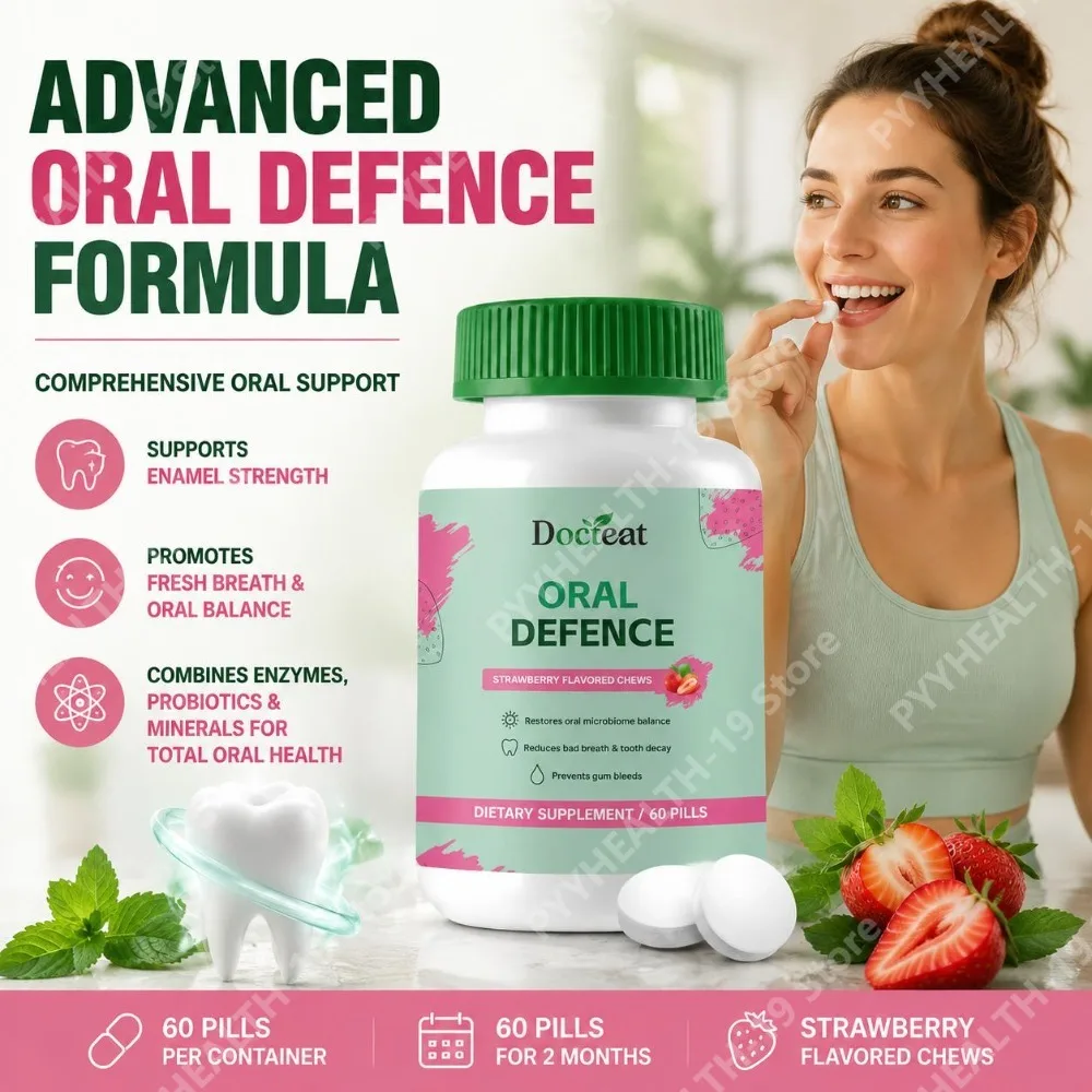 Docteat Oral Defence Chews Strawberry Flavor Hydroxyapatite Xylitol Lactoferrin For Enamel Breath Oral Microbiome Adult 60 Count