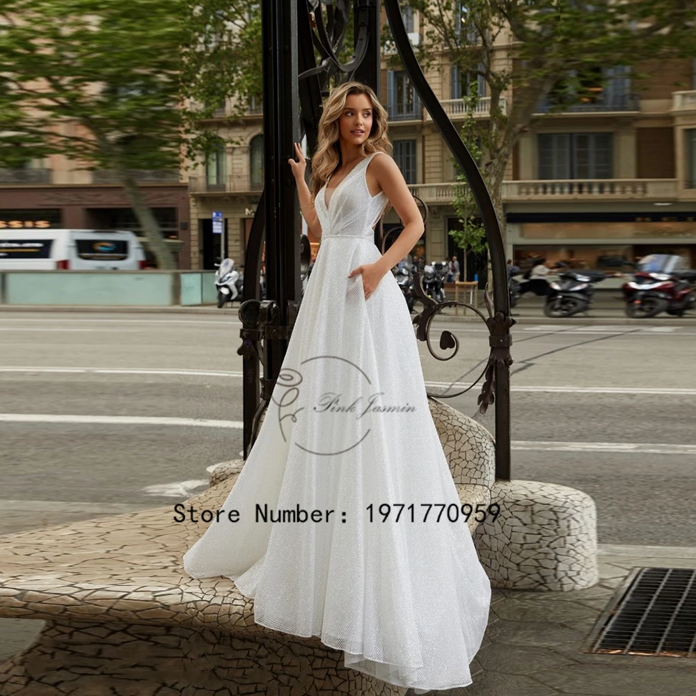 

Glitter Ivory Wedding Dress For Women Simple Romatic Bride Gowns A-Line Backless Sweep Train Vestido De Novia 2024 New