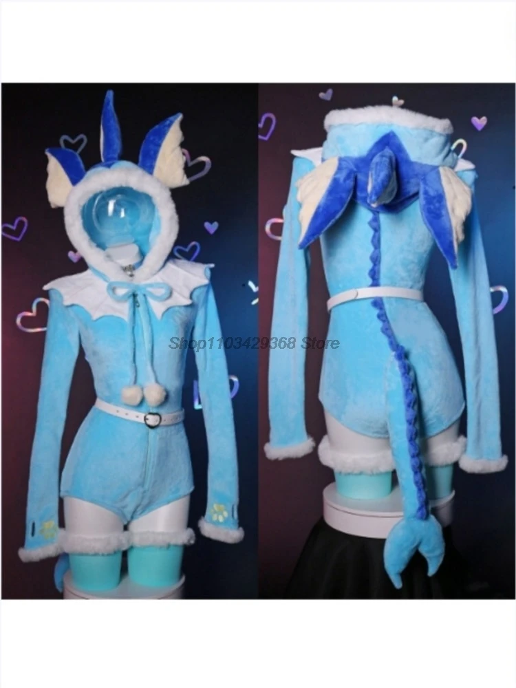 Anime Vaporeon Cosplay Costume Women Sexy Flannel Hooded Bodysuit Tail Socks Suit Bunny Girl Kawaii Plush Pajamas Cute Jumpsuit