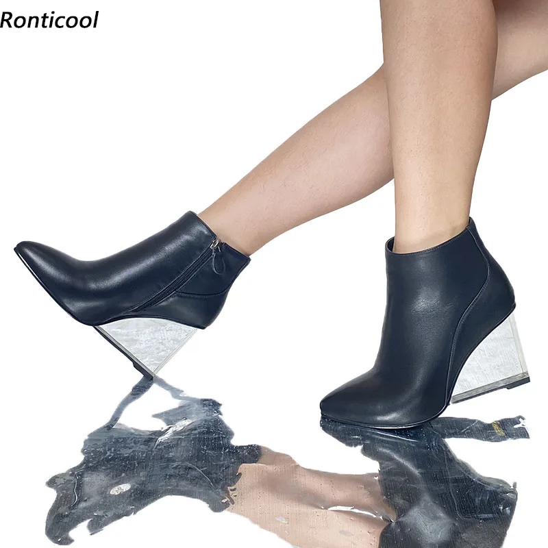 Ronticool New Women Winter Ankle Boots Transparent Wedges Heels Pointed Toe Black Dress Office Shoes Ladies Plus US Size 3-9.5