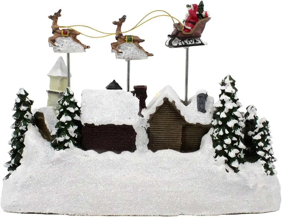 Pueblo musical LED con pilas con Papá Noel y ciervo, decoración navideña de 11 pulgadas