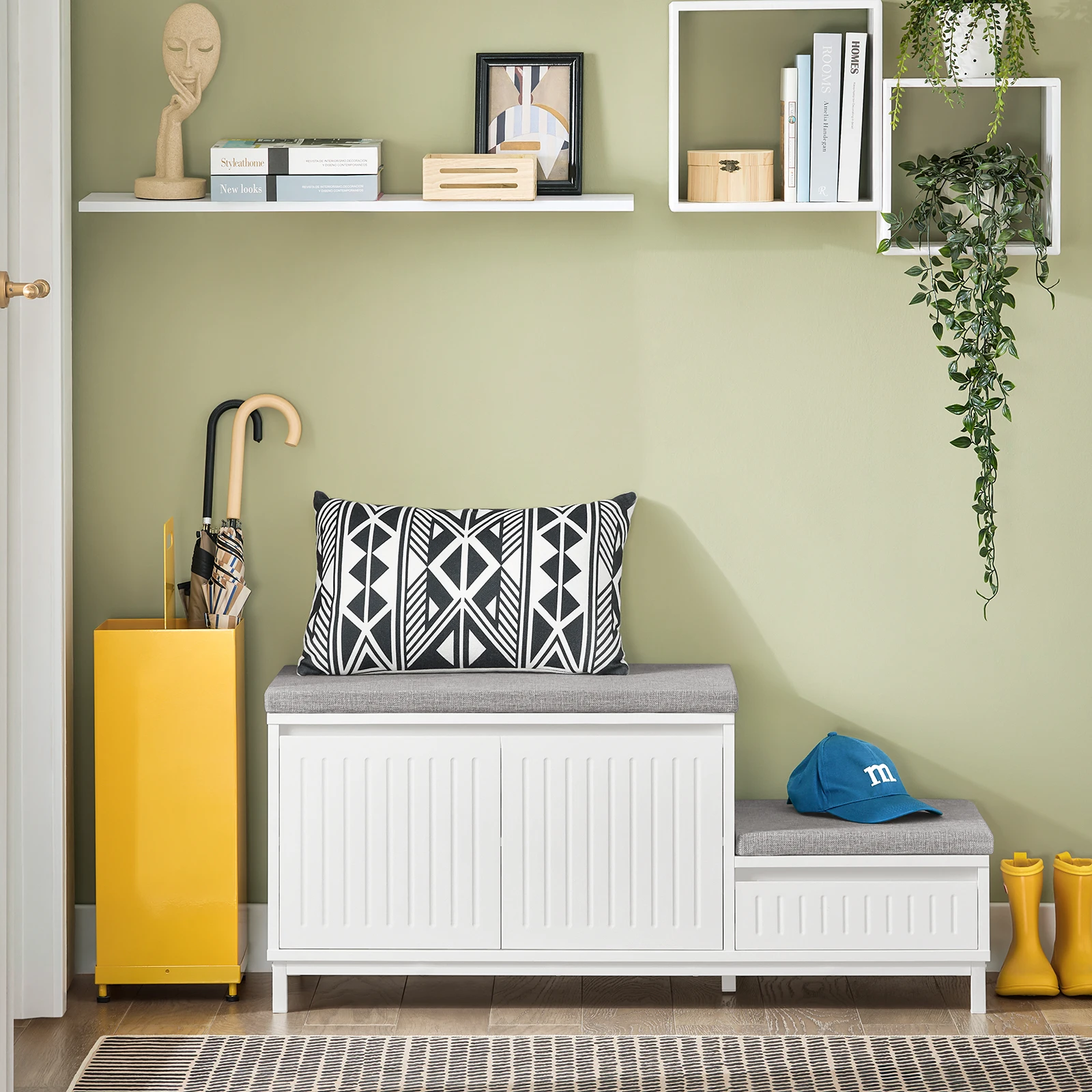 SoBuy FSR172-W Banco de zapatos con asiento Zapatero Banco de zapatos con capacidad de almacenamiento de hasta 181 kg para pasillo y niños Blanco 100x35x42