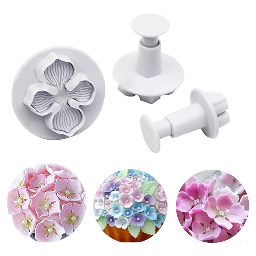 3 Pieces Hydrangea Flower Fondant Plunger Cutters Sugarcraft Cake Cookie Cutter St. Patrick\'s Day Baking Decorating Mold Tools