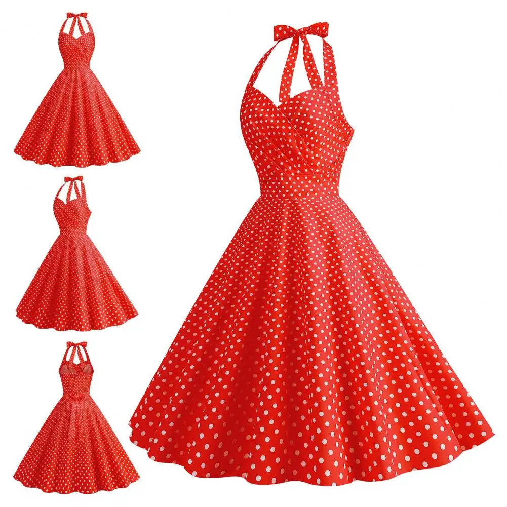 Big Swing Dress Elegant Vintage Dot Print A-line Evening Dress with Halter Neck Pleated Princess Style Women's Slim for Special