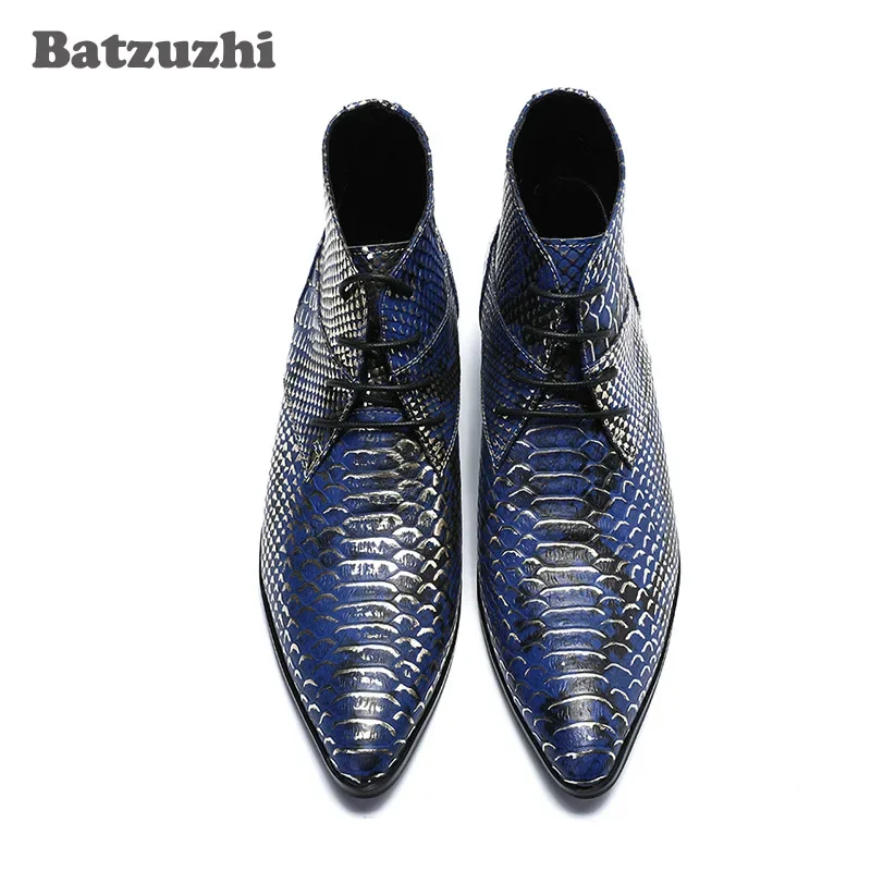 

NEW Luxury Men Boots Short Ankle Leather Boots Fashion Fish scale Leather Lace-up Pointed Toe Blue Party Boots Botas Hombre