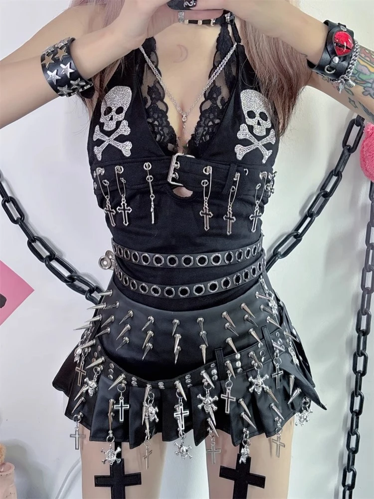 

Goth Yabi Culture Y2K Tops Hot Girls European and American Sexy Punk Neck Skull Suspender Vest Nightclub Dancing Vest Crop Top