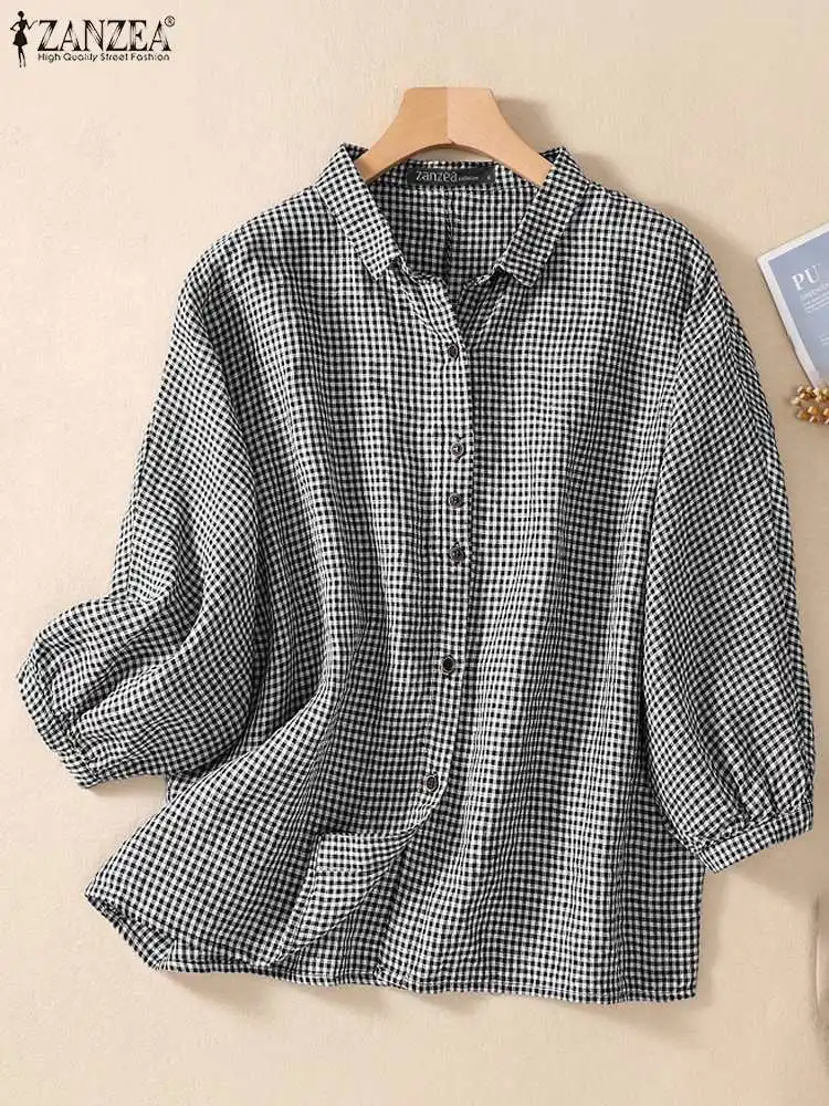 

ZANZEA Summer Vintage Shirt Women 3/4 Sleeve Plaid Checked Blouse Casual OL Work Tops Lapel Neck Buttons Down Blusas Chemise