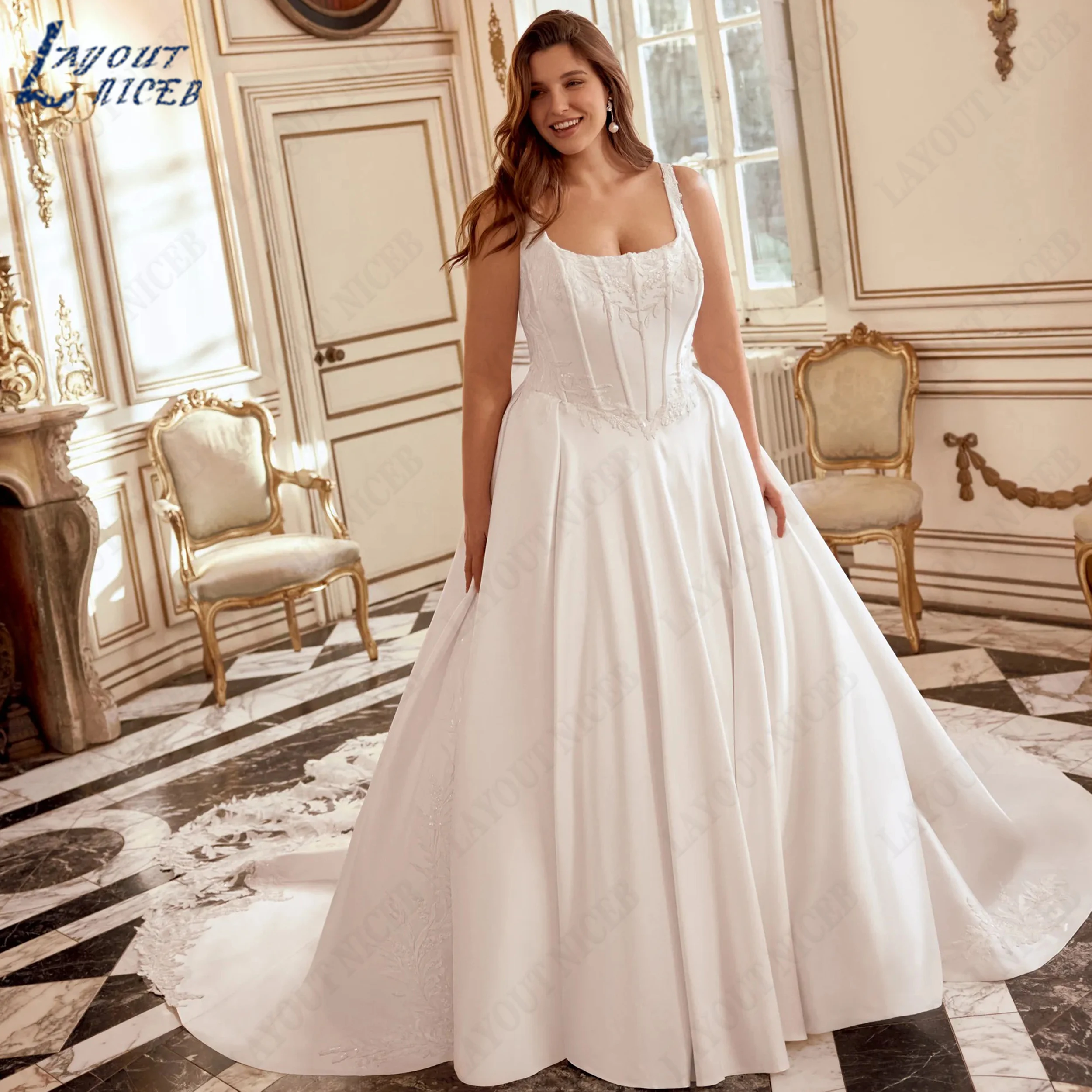 LAYOUT NICEB Customized Plus Size Satin Wedding Dresses Square Neck Sleeveless A Line Bridal Gown Elegant Applique Bride Dress