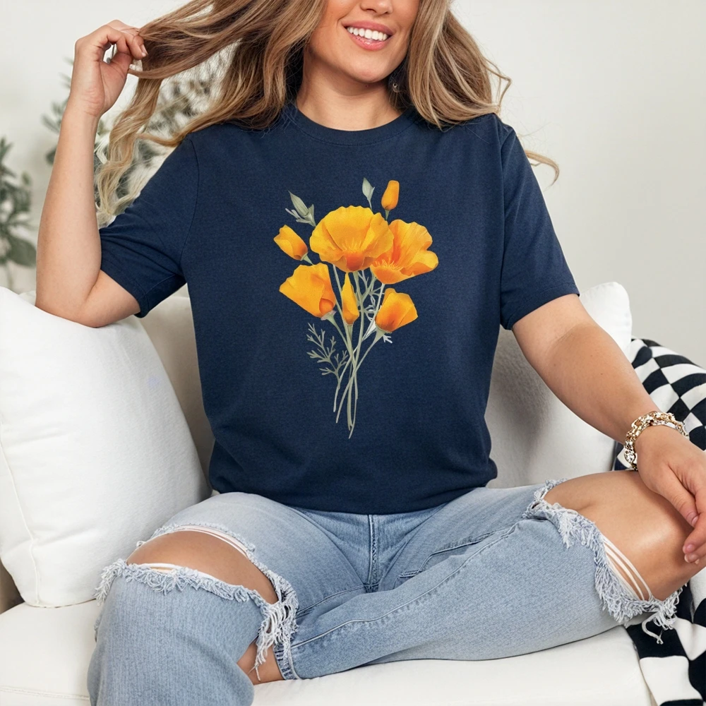 

Футболка с акварелью «Золотой мак», футболка с цветочным рисунком, оранжевый цвет штата Калифорнии, удобные цвета, полностью хлопковая футболка для женщин
