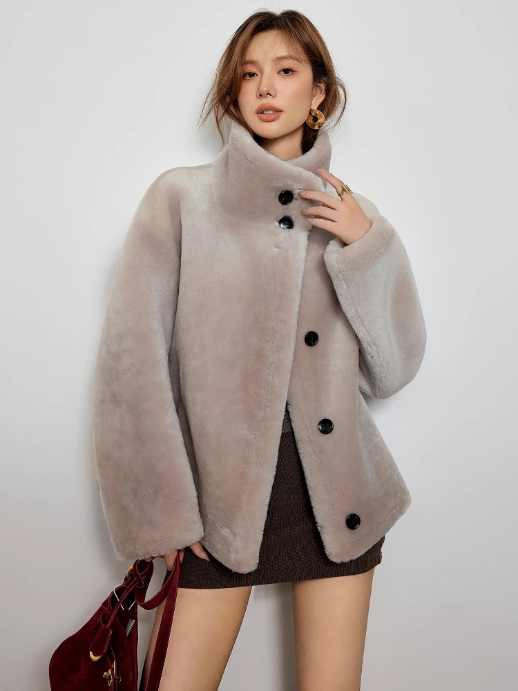 

High-end Luxury Merino Sheep Fur Lambswool Jackets for Women 2026 Simple Stand Collar Short Winter Genuine Leather Real Fur Coat