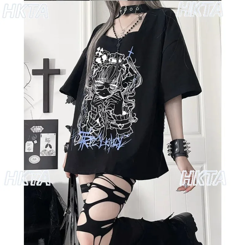 Dark Subculture Anime Printed Short Sleeve Tshirts Girls Lake-up Bow Fashion Versatile Loose Casual T-shirt Tops Women Summer