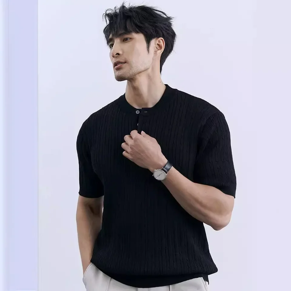 Summer Men's T-shirt Short-sleeved Knitted Sweater Elastic Korean Version Loose American Men's