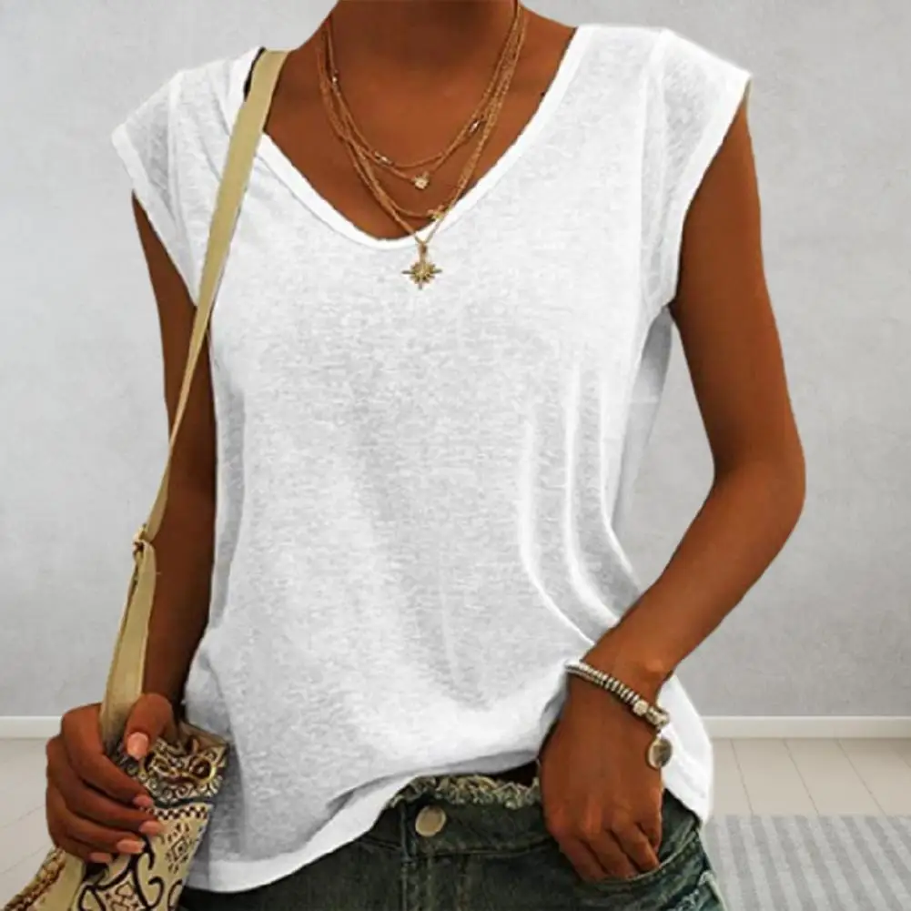 Women T-shirt Solid Color Sleeveless Pullover Simple V Neck Summer Top Loose Shirt Womens Blouses