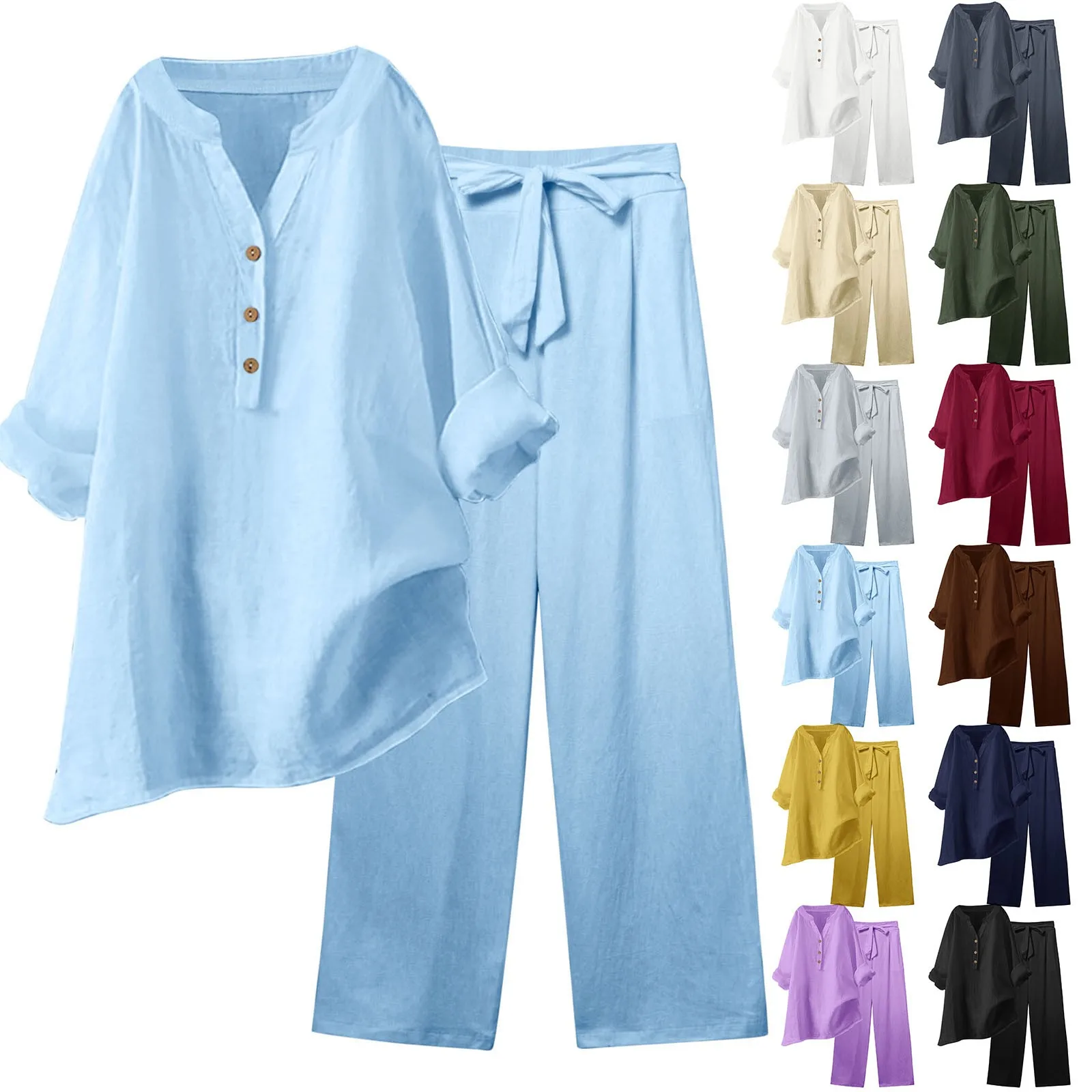 

Summer New Elegant Women's Casual Loose Set Women's Long Sleeved Top+Drawstring Pants Set Flip Collar Cotton Linen Two Piece Set