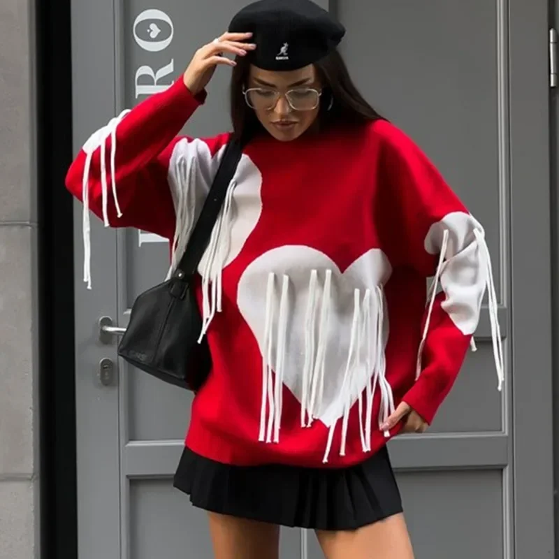 

Heart Print Sweater Women's O-Neck Long Sleeve Pullover Sweater Casual Knitted Tassel Sweater Loose Women's Streetwear