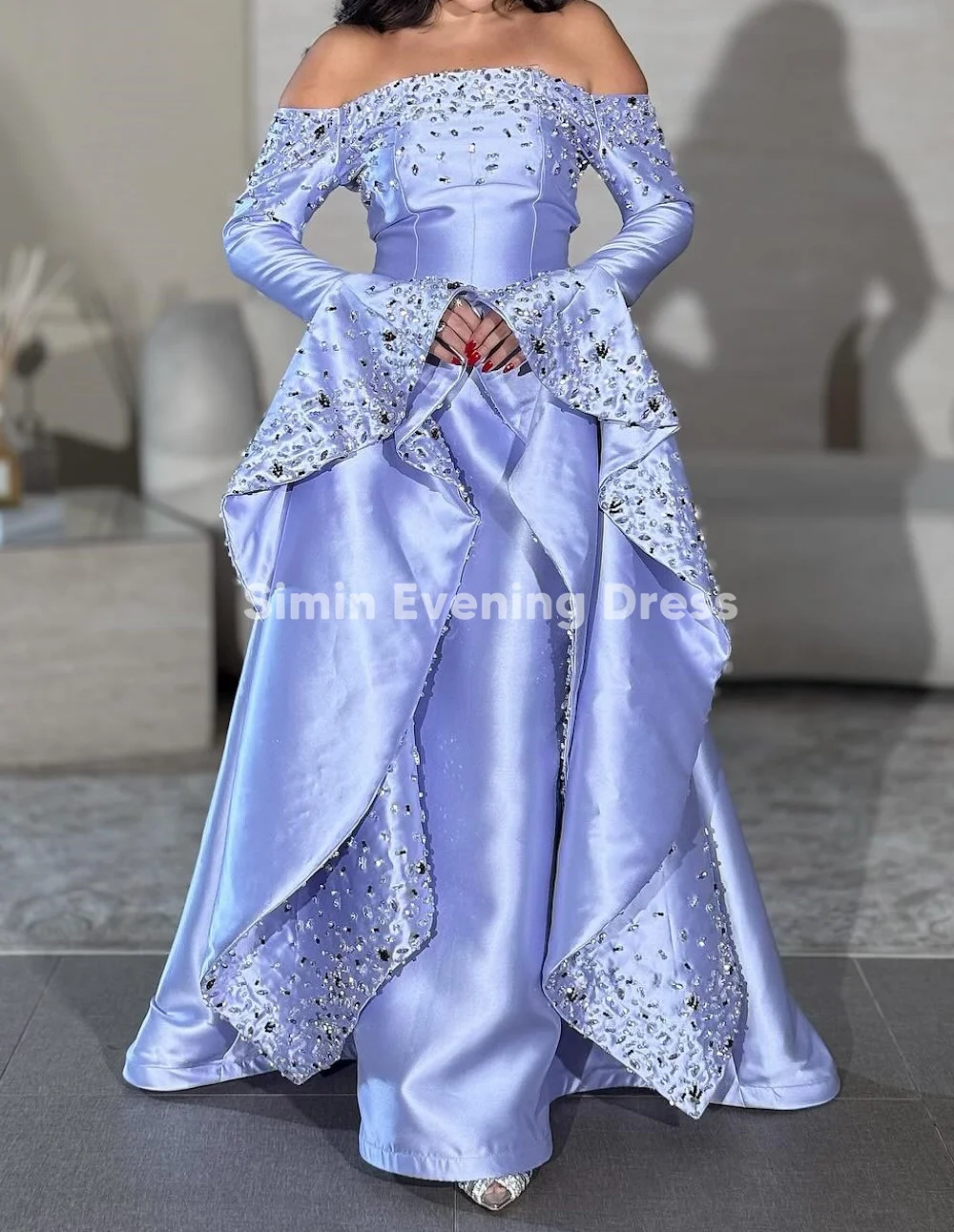 심인 여성용 새틴 오프숄더 비즈 장식 롱 이브닝 드레스, 긴 소매 없는 우아한 파티 드레스 2025