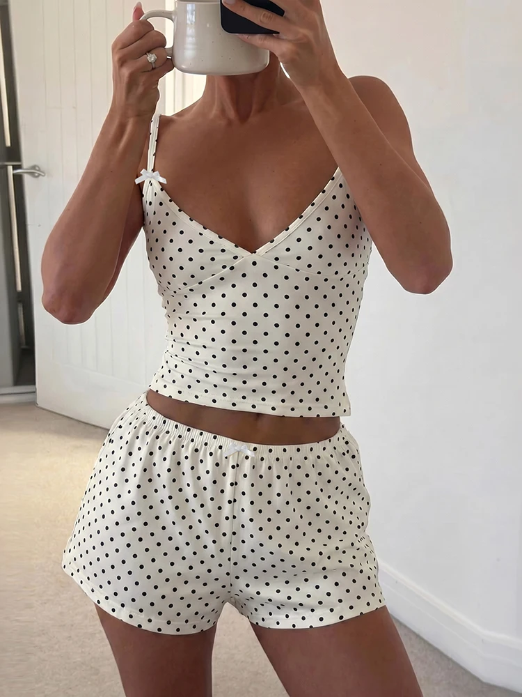 

Kliou Casual Fashion 2 Piece Set Woman Polka Dot Print Low-Neck Backless Crop Tops+Bow Decoration Shorts Simple Comfortable Suit