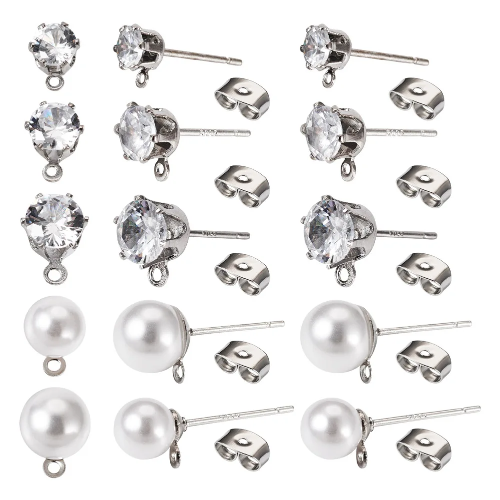 40Pcs Stud Earring Findings ABS Plastic Imitation Pearl/Clear Cubic Zirconia with 925 Sterling Silver Pin for DIY Making Earring