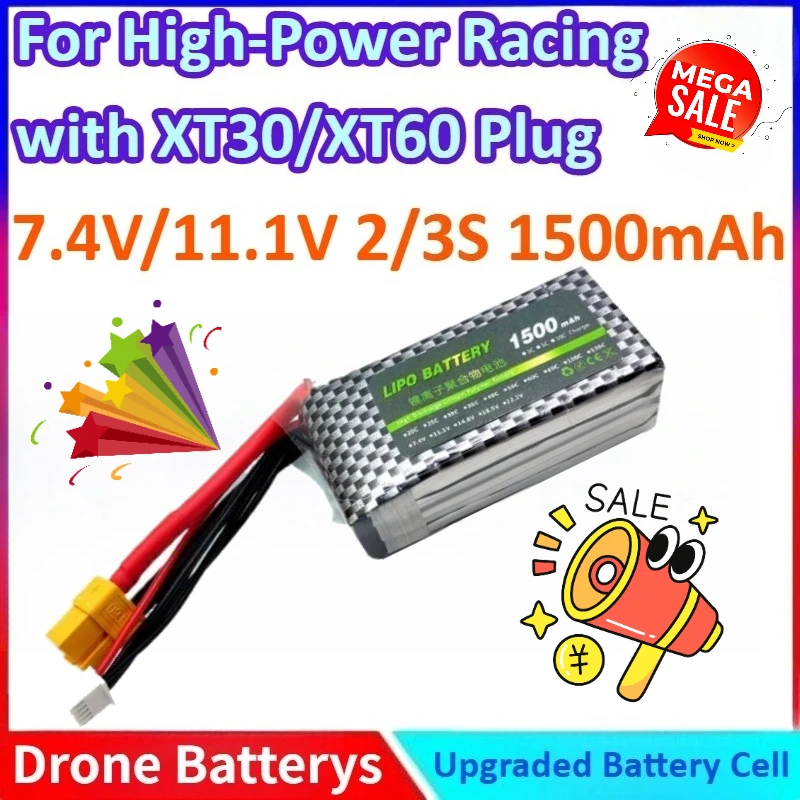 

2/3S 2.5/3.5/5/7-inch 7.4V/11.1V 1500mAh , 100/120C Capacity FPV Racing Drone Battery for High-Power Racing with XT30/XT60 Plug
