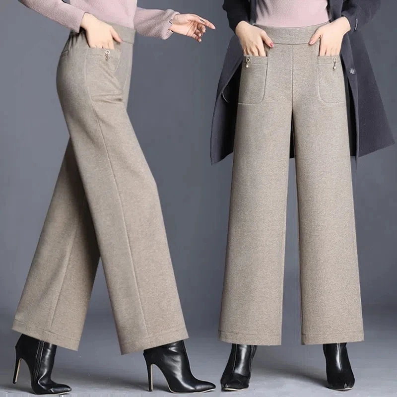 Woolen Cloth Wide-leg Pants Women Autumn Winter Solid Color Pocket Nine-point Pants Korean High Waist Loose Straight Trousers