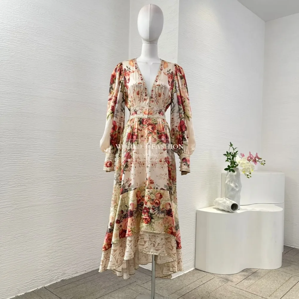 

Beige Rose Floral Print Long Sleeve Midi Womens Dresses