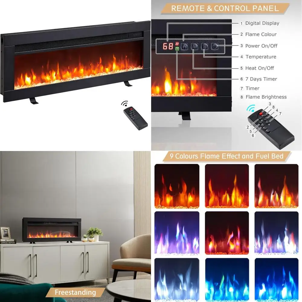 

3-in-1 36W Electric Fireplace, Freestanding/Wall-Mounted/Recessed, 9-Color Flame, TV Media Console